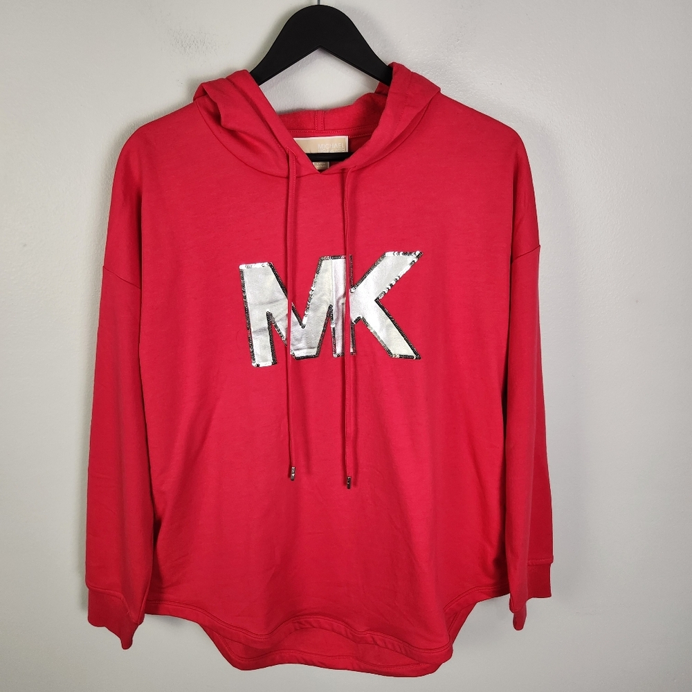 NWT Michael Kors Women's Pink with Silver Sequin MK Logo Hoodie Size Medium #700